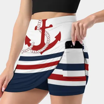 Дамски панталон в морската тъмно-синя и бяла ивица с червено Котва, эстетичные поли, Нови модни къси поли с котва в морски стил