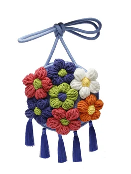 Дамски чанта през рамо, лятна есенна тканая вълнена плажна чанта през рамо с цветя шапки, украсени с пискюли за момичета и дами