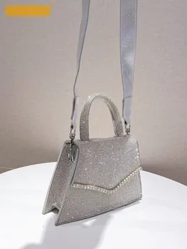 Дамски чанта през рамо с блестящи диаманти, удобна чанта през Рамо с широка каишка, модерна дамска чанта с капак, вечерни сребърни торби с накити под формата на кристали