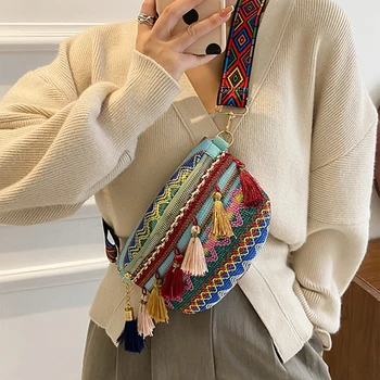 Дамски чанти в скута народен стил с регулируема каишка пъстри цветове с ресни