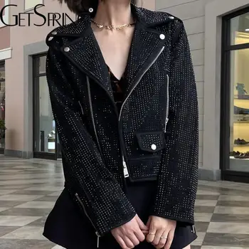 Дамско палто Getspring с диаманти, къси черни мотоциклетни палта и якета, дамски реколта модни дамски якета и палта 2022