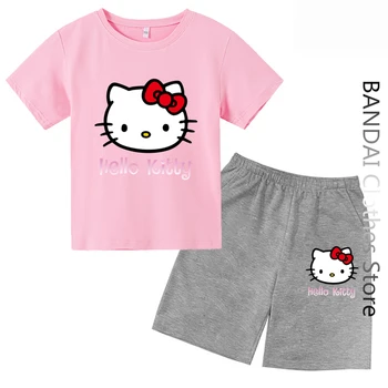 Детска тениска на Hello Kitty, Тениски Kuromi За момичета, Жена на Улицата Пуловер с къс ръкав, Комплекти, Дрехи За Малки Момчета, Ежедневни Блузи Sanrio