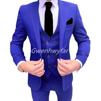 Дизайн Ревери Gwenhwyar, Мъжки костюм на Кралския син цвят, 3 предмет, Мъжко яке, Панталон, Жилетка, Модерен Сватбен костюм на Младоженеца, Смокинг, Блейзър, Костюми