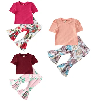 Дрехи с цветен печат за малки момиченца от 1 до 4 години, в началото на с пищни ръкави + разкроена панталони с флорални принтом, комплект от 2 теми