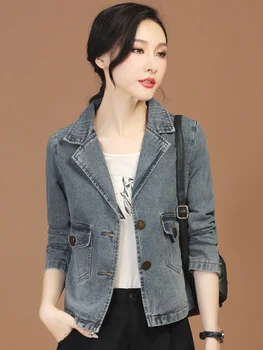 Дънкови якета с яка и дълги ръкави за жени, пролетно новост 2023, корейската мода, универсална фина яке, ежедневни блузи, дамски дрехи