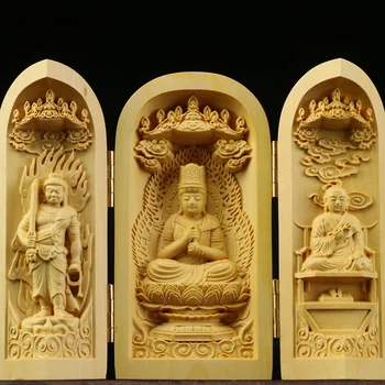 Дърворезба на три външни декоративни статуи на Буда Съвременно изкуство-скулптура Сгъваема Начална дневна украса спални