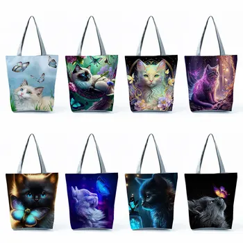 Еко-Дамски чанти с принтом пеперуди и котка голям капацитет, преносима чанта-тоут, сладки красиви чанти през рамо с животни, чанта за пазаруване