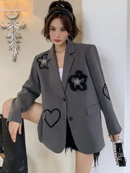 Елегантен сако с бродерии и цветен модел, якета Owmen, корейската мода, универсални свободни палто, градинска облекло Y2k Harajuku Chaqueta