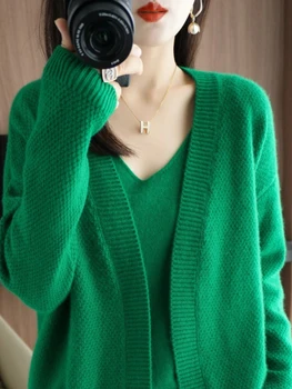 Есенно-зимния пуловер от две части, вязаный жилетка, елек, модерен всекидневен стил, обикновен пуловер, жилетка, женски дълъг ръкав