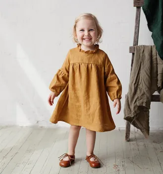 Есента рокля за малки момичета в пасторальном стил, с къдри, с дълъг ръкав, однотонное памучно семе и лененото празнично ежедневното рокля, бебешко облекло