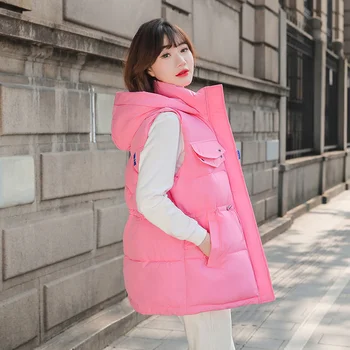 Жена памук жилетка без ръкави с качулка със средна дължина, на новост на зимата, без жилетка в корейски стил, яке с сърце