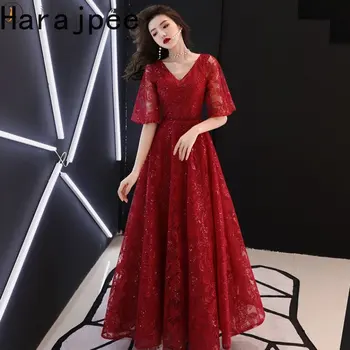 Жена сватбена рокля Harajpee, мода 2023, корейски стил, модни официални рокли трапецовидна форма с къс ръкав и V-образно деколте, червено дамски дантелени рокли
