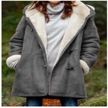 Зимна интелектуална простота в стил харадзюку, монофонични случайни жилетка копчета, топло дамско палто със средна дължина с качулка