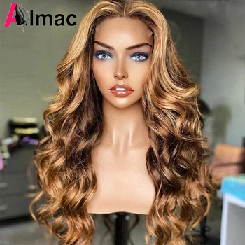 Изберете 13x4 Дълги вълнообразни дантелени предни перуки, изработени от човешка коса за жени 4x4 Прозрачен перука, завързана с приключването на P4/27 Цвят на индийски коса Remy
