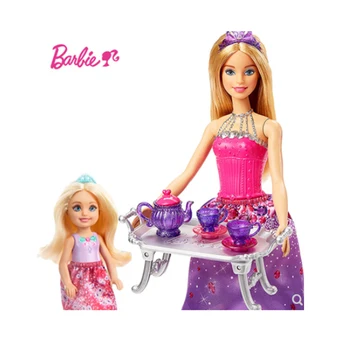 Истинска кукла Барби Барби и Малката Кели Имитират следобеден чай, тава за торта, 2 кукли за момичета, играчки за социални игри FPL88