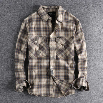 Клетчатая риза Kaji retro tooling, мъжки фланелевая опесъчаване удобна ежедневна риза American Classic, есенно-зимно яке