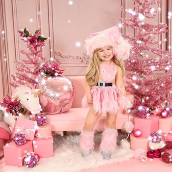 Коледен гащеризон за малки момичета, рокля на принцеса с бялата една плюшена тапицерия в стил мозайка, гащеризон-пакет без ръкави, с шапка