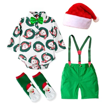 Коледно облекло за малки момчета, гащеризон за новородено, шапка + плъзгачи + Зелени Шорти + Колан + Чорапи, детски костюм, Подаръци