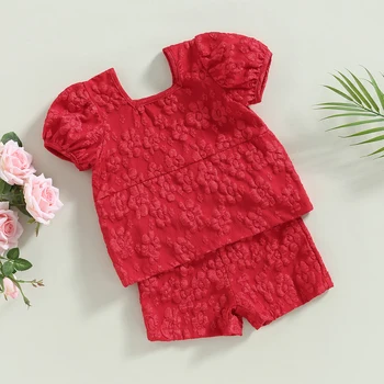 Комплект летни дрехи за малките момичета, червена жаккардовая тениска с квадратна деколте и къс ръкав + гащета с еластична талия
