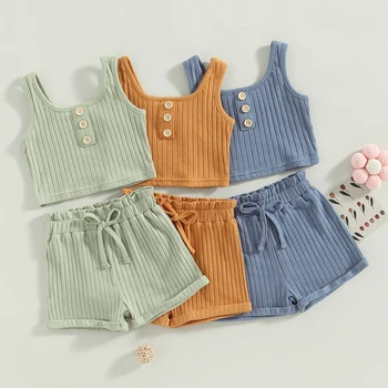 Комплекти летни дрехи за малките момичета, монофонични жилетка копчета + Гащета с оребрени шнурком, детски комплект