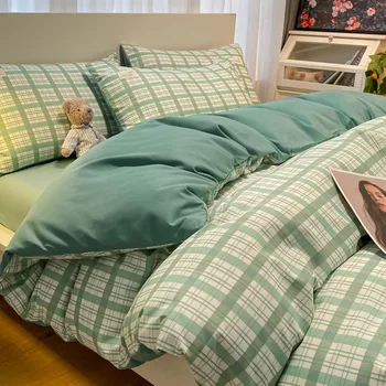Комплекти спално бельо в японски проста однотонную клетка от 100% промит памук, комплект от четири обекта, Стеганое одеяло, комплект спално бельо Лукс