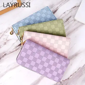 Корейската версия на LAYRUSSI, дълги портфейли с клетчатым модел за жени, Модерен Нов дамски портфейл от изкуствена кожа, сгъваема торбичка с няколко карти