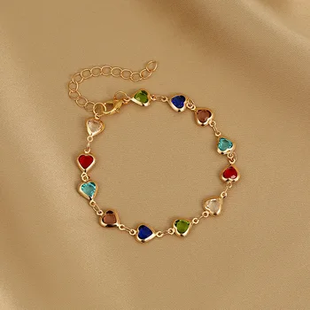 Корейски модерен цветна гривна във формата на сърце за жени, очарователен гривни с метална верига от кристали и цирконий, бижута подарък за рожден ден