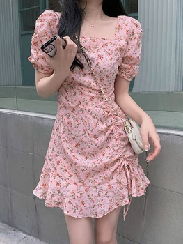 Корейското лятото страхотна рокля с цветен модел, сладка женствена мини рокля с квадратни деколтета и пищни ръкави, секси мини рокля с висока талия и принтом, ягодово рокля за това Сладко Момиче