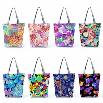 Красива кръгла чанта с флорални принтом, творчески дамски Чанти на рамо, Преносима чанта за пазаруване за Многократна употреба чанти, Пътни ежедневни Нови