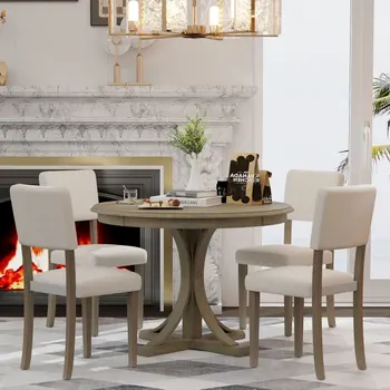 Кръгла маса за хранене в ретро стил от 5 теми тъмно сив цвят с Извити Крака под формата на Козелков и 4 Меки столове за трапезария