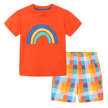 Летни детски дрехи от 2 теми, ежедневна мода памучен фланелка с къс ръкав + каре къси панталони, дрехи за малките момчета, комплект детски дрехи BC545