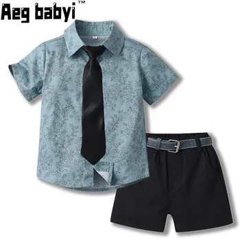 Летни Нови модни комплекти джентльменской дрехи за малки момчета, Ризи с къс ръкав и една пеперуда, потник + Шорти с колан, всекидневни, детски костюми