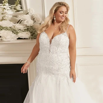 Луксозна сватбена рокля с кружевными мъниста за Birde Sleevelss, V-образно деколте, дължина до пода, по-големи размери, бретельки-спагети, сватбената рокля на русалка на поръчка