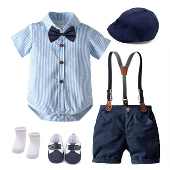 Лятна мода за най-малките момчета, костюм на джентълмен, шарен гащеризон, комплект от 7 теми, рокли за партита в чест на 1-ви рожден ден на новороденото