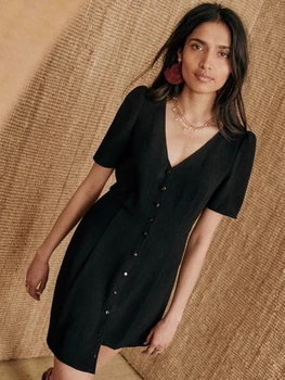 Лятна рокля 2022, однобортное шифоновое малка черна рокля с къс ръкав и V-образно деколте, женствена мини рокля