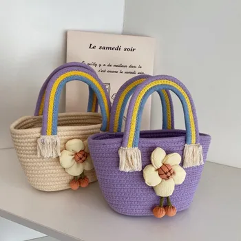 Лятната сламена чанта за жени, с Преливащи се цветове на памучни чанти на на дръжки, плажни чанти от ратан, топла чанта за пазаруване с пискюли Deicrs