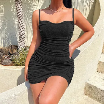 Лятото Секси Черна рокля-тръба с тънки спагети презрамки, женски модно рокля-калъф с отворен гръб за нощен клуб, ново мини-рокля без ръкави