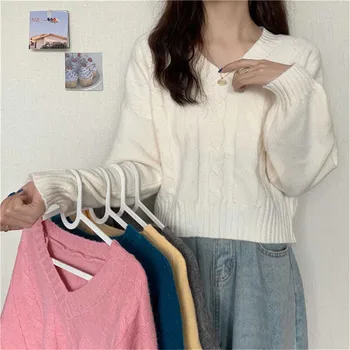Модерен пуловер с V-образно деколте, дамски пуловер, пролетно новост, корейски стил, прости вязаный съкратен есента основен топ ZY7972