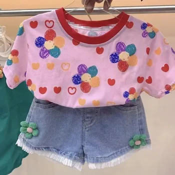 Модерна лятна памучен розова тениска с къси ръкави и сладък цветен принтом за деца 2-6 години и момичета
