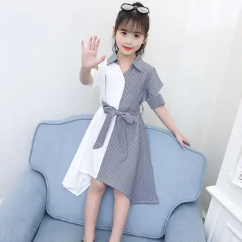 Модерна нова детска облекло, лятно ежедневна рокля в стил мозайка с отворотами и колан, корейската пола на райета, риза със средна дължина от 4 до 14 години