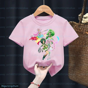 модна тениска за момичета, страхотна детска тениска с анимационни принтом в стила на японското аниме, розови блузи, модни дрехи за момичета-подростков1-13