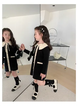 Модно детско рокля с ревера във формата на сърце и жемчужными бутони за малки момичета, модерно плътно топло рокля-пуловер