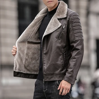 Мъжки зимни ежедневни кожено яке от плътен топъл отвътре LIONJUMP, тънка модна тенденция кожено яке, висококачествено палто