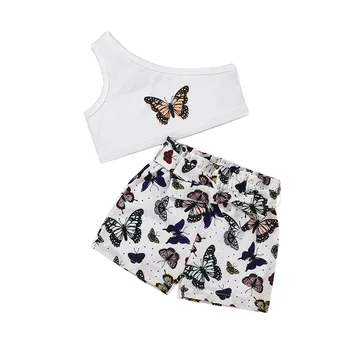 Нов комплект детски костюм от 2 теми, Летните къси Потници без ръкави с принтом пеперуди на едно рамо + Шорти за момичета, 18 месеца-6 години