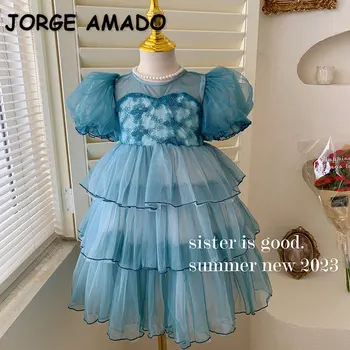 Нова лятна рокля за момиченце, кръгъл отвор на вратата, къси закръглени ръкави, однотонное сетчатое многослойно принцеса рокля, бебешки дрехи E2350