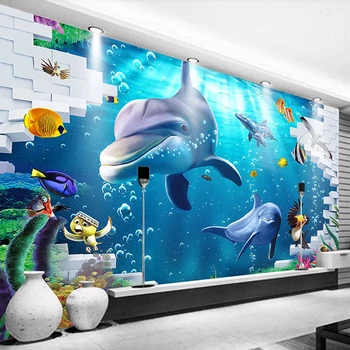 Обичай син на Подводния Свят на Делфин, Акула, Риба Корал 3D Фотообои За Детска Стая Спални Всекидневна Декор ТЕЛЕВИЗИЯ Фон