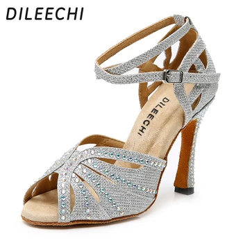 Обувки за латино танци DILEECHI със сребърен блясък и кристали женски Salas бални обувки на висок ток 10 cm за валс