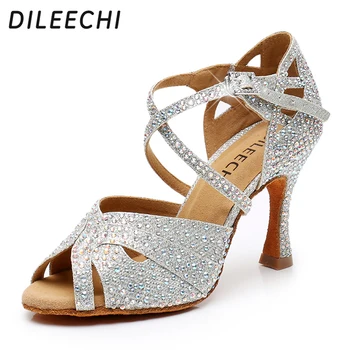 Обувки за латино танци DILEECHI, цвят сребро, злато, голяма, малка, с кристали, дамски обувки за танци балната зала, меки обувки за салса