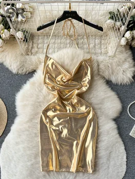 ОДНОТОННОЕ златното мини рокля с открит гръб, женствена мини рокля с цепка на бретелях, тънка мода 2023, градинска дрехи, дамски секси вечерни рокли Y2K
