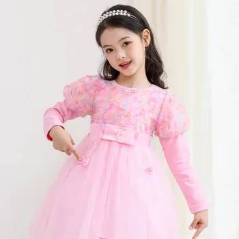 Празнична рокля на принцеса с завързана цветя модел за момичета, пролет-есен, детски мрежести рокли с пищни ръкави и хубав лък от 3 до 7 години, Vestidos, детски дрехи